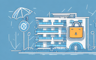 A condominium building with visible insurance protection symbols like a shield