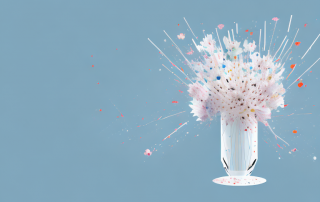 A broken vase with spilled water and scattered flowers