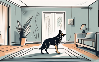 A german shepherd dog playfully knocking over a vase in a living room