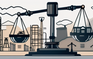 A balanced scale with one side holding traditional industry symbols like factories