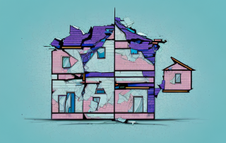 A damaged house with visible signs of vandalism