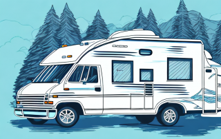 A motorhome on a scenic road with a protective shield symbol overlaying it