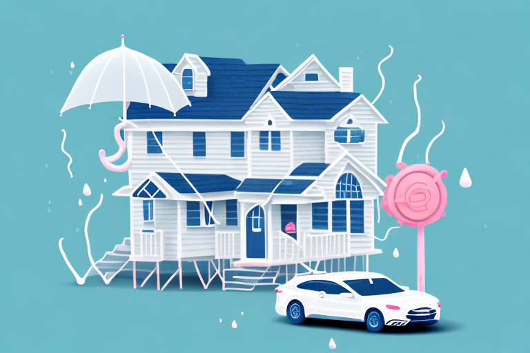 A protective umbrella covering a miniature house and car