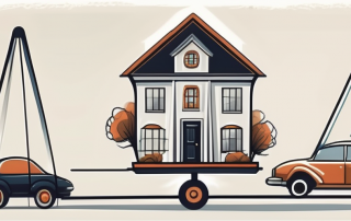 A balance scale with a house and a car on one side and a shield symbolizing protection on the other side