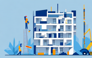 A residential building under renovation with visible construction tools and safety equipment