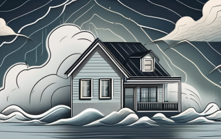 A house with a protective shield against a backdrop of a raging storm and flood