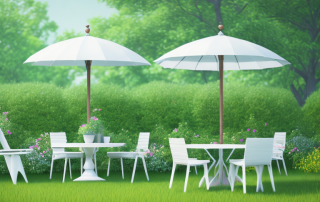 A serene garden scene featuring various types of garden furniture like a table