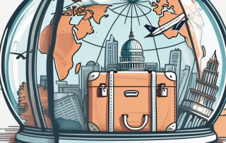 A globe with various travel icons like an airplane