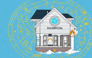 A house surrounded by various symbols of potential hazards like fire