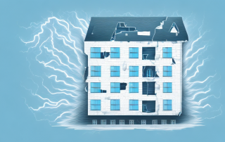 A residential building with visible protective shields symbolizing different insurance coverages like fire