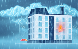 A residential building with different weather conditions (rain