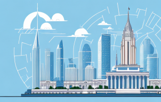 A building with various international landmarks in the background