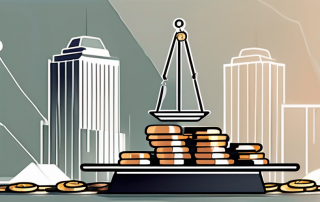 A balance scale with a contract on one side and a pile of coins on the other