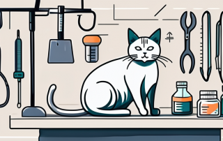 A cat sitting on a veterinarian examination table with various medical tools and a price tag nearby