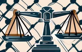 A scale balancing a gavel and a shield