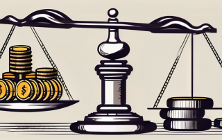 A balanced scale with a gavel on one side and a stack of coins on the other