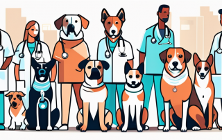 Several different breeds of dogs with bandages and stethoscopes