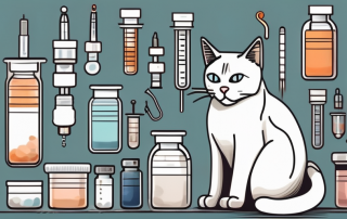 A cat sitting next to a variety of vaccines and medical equipment