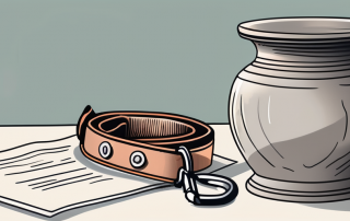 A pet collar and leash left behind on a table next to a small urn