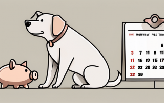 A dog sitting next to a calendar and a piggy bank