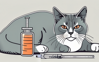 A cat sitting next to a veterinary syringe
