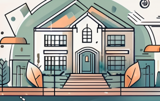 A residential building with insurance protection symbols like a shield and a safety lock