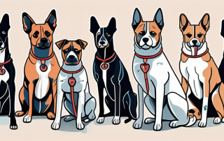 Several different breeds of dogs with bandages and stethoscopes