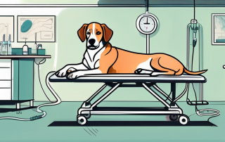 A worried dog lying on a vet's examination table with medical equipment around