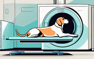 A dog lying calmly inside a ct scan machine