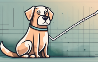 A worried pet (like a dog or cat) looking at an upward trending graph