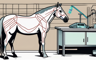 A horse in a recovery stable with visible signs of a recent surgery