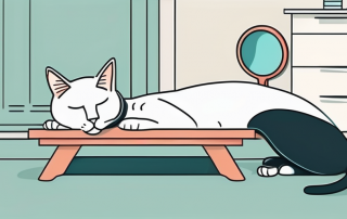 A cat lying comfortably on a vet's examining table with a symbolic representation of a magnifying glass over its stomach to represent the concept of a stomach examination