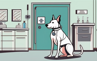 A dog wearing a bandage and a stethoscope around its neck