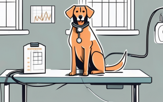 A dog sitting calmly on a vet's examination table with a stethoscope next to it