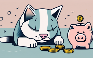 A worried cat with a bandage sitting next to a piggy bank with a few coins scattered around