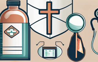 Various health-related symbols such as a stethoscope