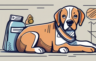 A wallet with bills and coins next to a dog with a bandage on its shoulder