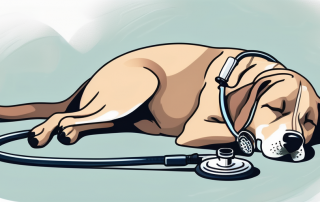 A dog peacefully sleeping with a stethoscope and medical equipment nearby