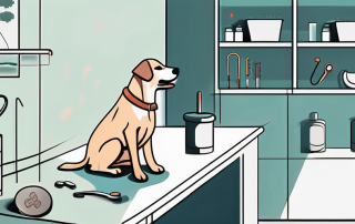 A dog sitting in a veterinary clinic setting