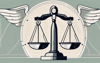 A balance scale with a shield symbolizing protection on one side and a courthouse on the other