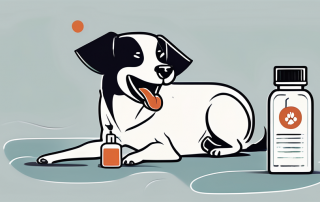 A dog happily playing with a medicine bottle labeled with a worm symbol