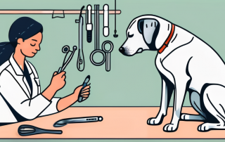 A dog sitting patiently while a vet's hand