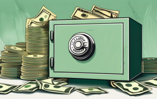 A life insurance policy document next to a safe box filled with cash