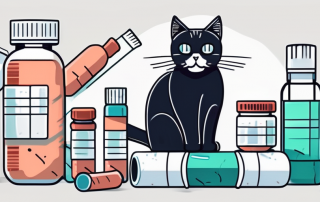 A cat sitting on a pile of medical supplies like bandages