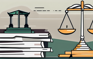 A balanced scale on top of a pile of legal documents