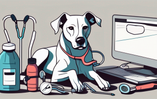 A worried-looking dog sitting next to a pile of medical equipment