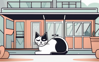 A worried cat sitting in a pet carrier with a veterinary clinic in the background