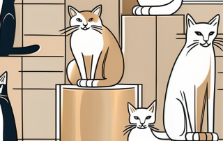 Several different breeds of cats standing on a podium