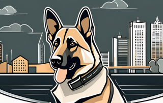 A german shepherd dog with a collar tag shaped like a shield