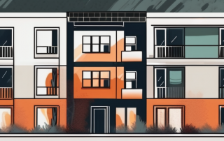 A condominium building with visible elements indicating potential damages such as fire